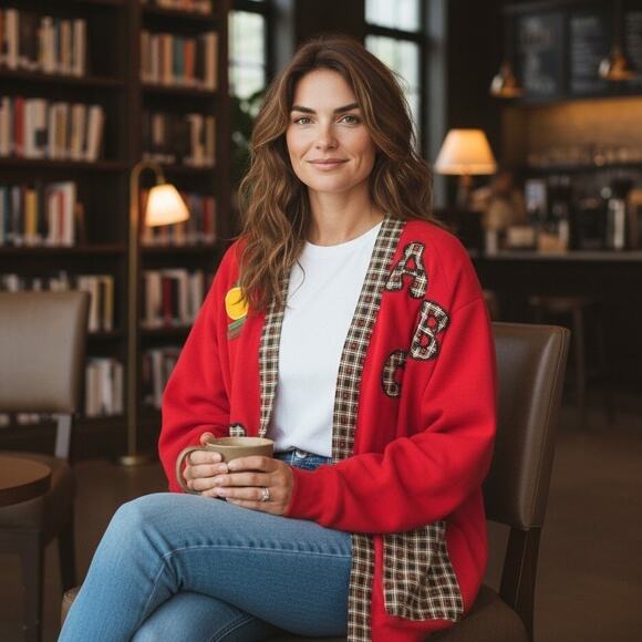 Jerzees Sweaters - Handcrafted Unique 3XL Red Knit Teacher Core ABC Fleece Cardigan Jacket
